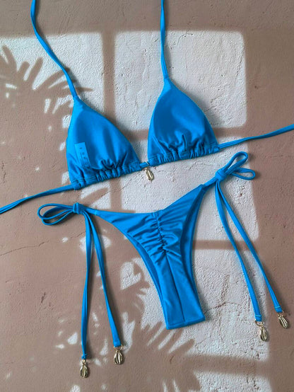 Swim Chiccia Women Spring Break Summer Beach Solid Color Halter Tie Sexy Bikini Swimsuit Set