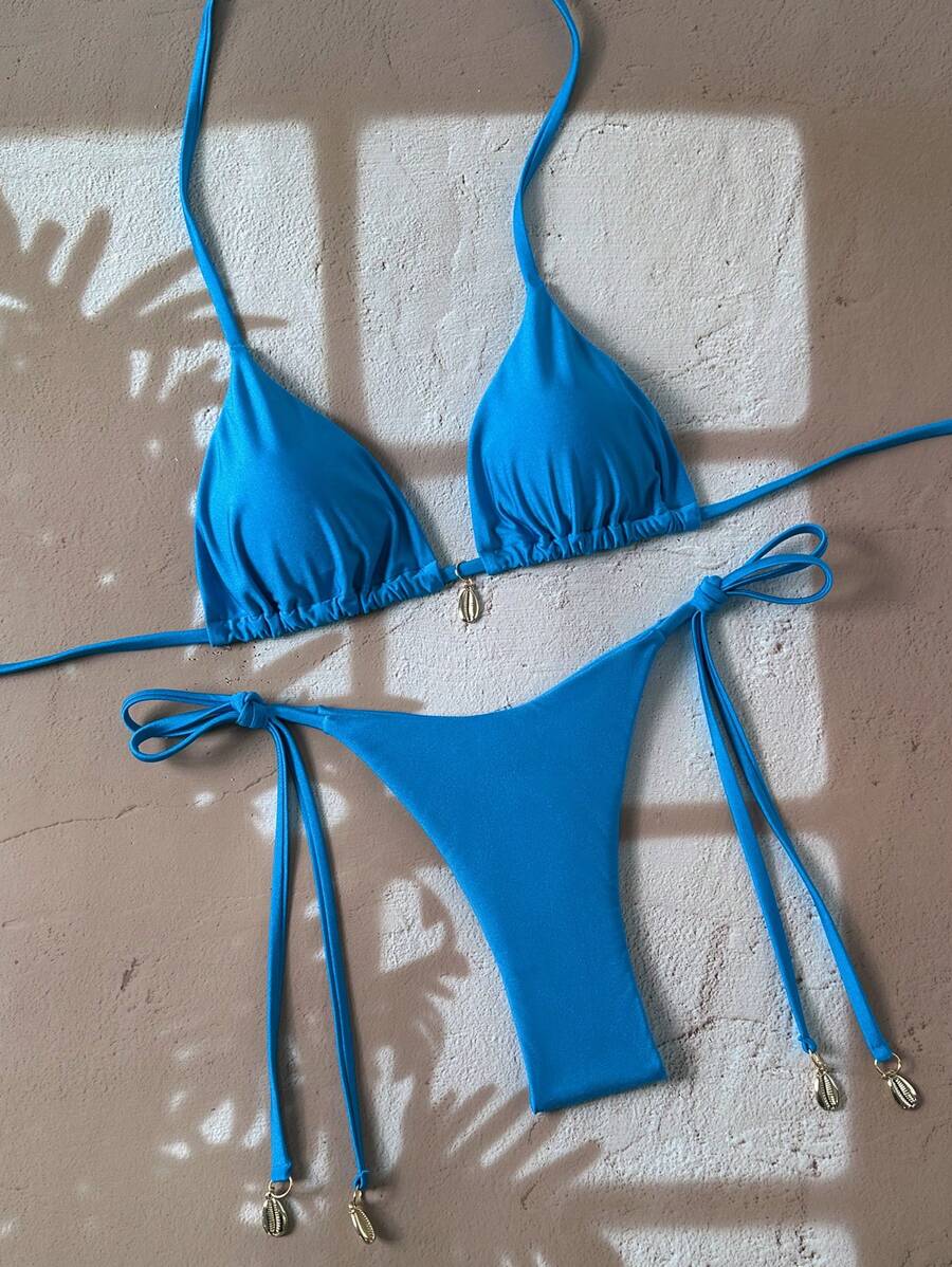 Swim Chiccia Women Spring Break Summer Beach Solid Color Halter Tie Sexy Bikini Swimsuit Set