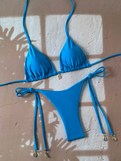 Swim Chiccia Women Spring Break Summer Beach Solid Color Halter Tie Sexy Bikini Swimsuit Set