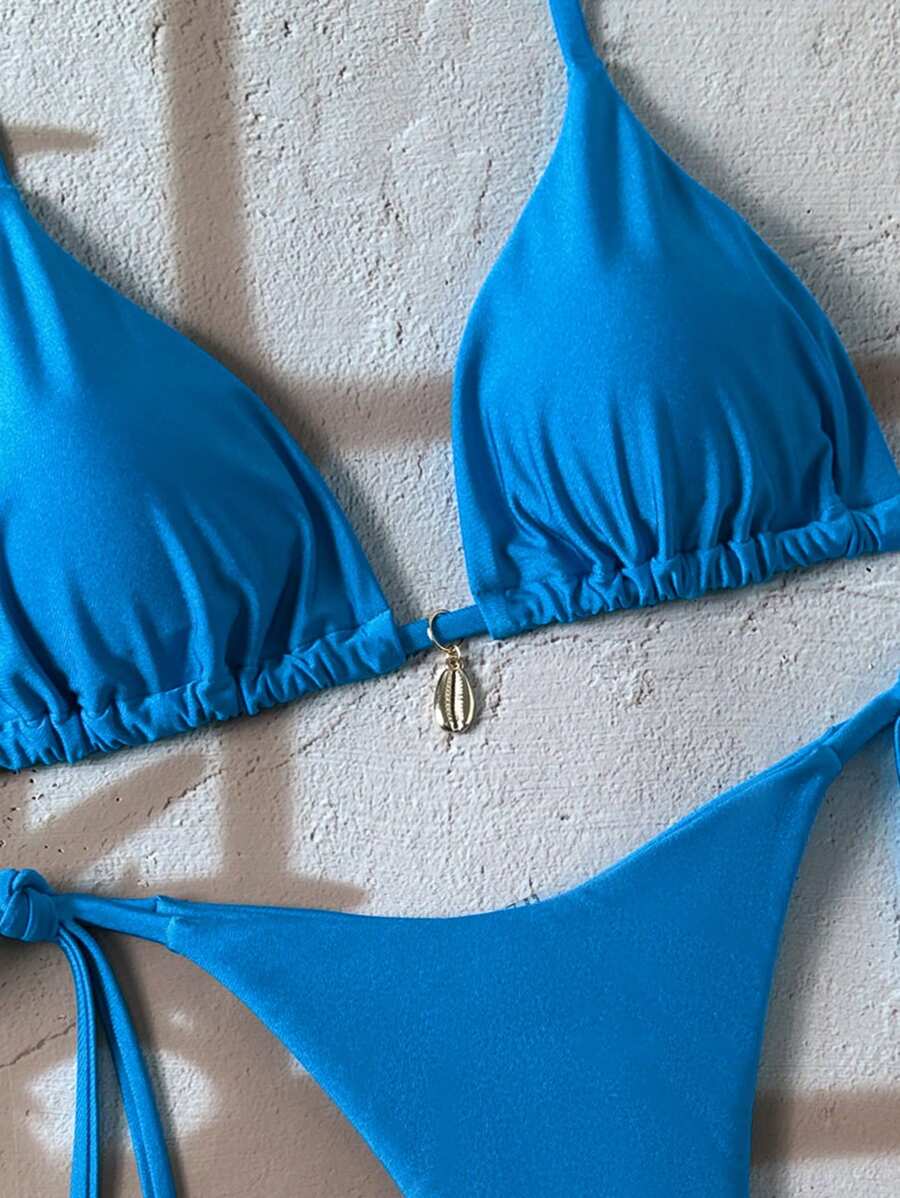 Swim Chiccia Women Spring Break Summer Beach Solid Color Halter Tie Sexy Bikini Swimsuit Set