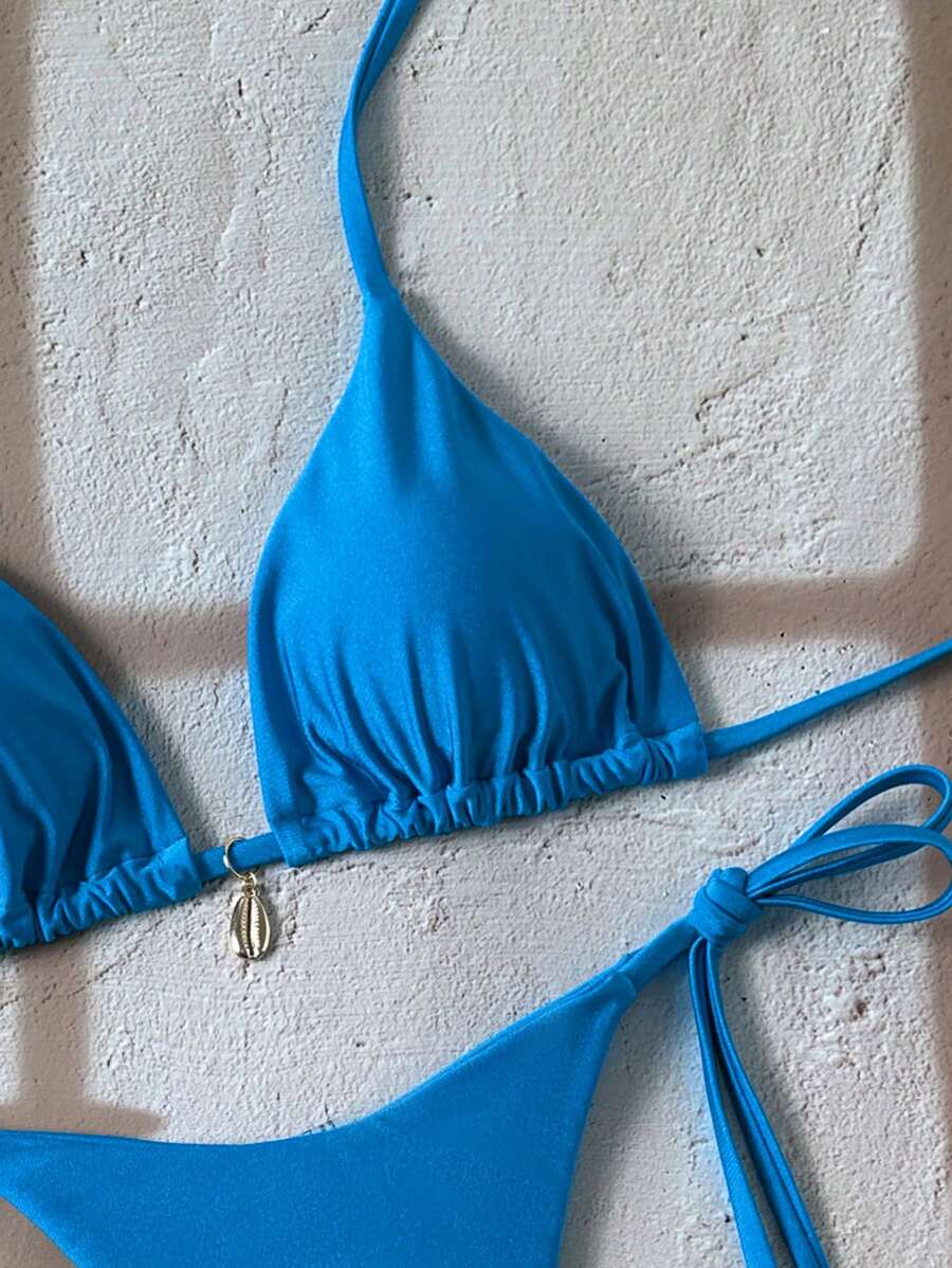 Swim Chiccia Women Spring Break Summer Beach Solid Color Halter Tie Sexy Bikini Swimsuit Set