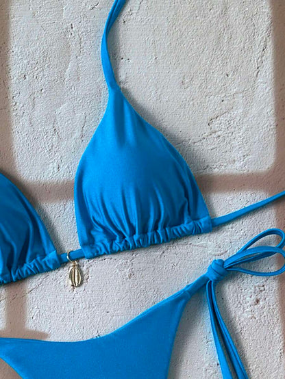 Swim Chiccia Women Spring Break Summer Beach Solid Color Halter Tie Sexy Bikini Swimsuit Set