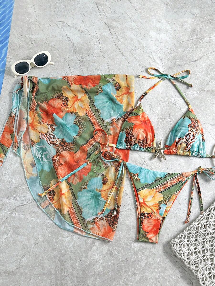 Women's 3-Piece Halter Bikini Set - Beach Dress, Tie-Up, Skirt Bottom, Blue