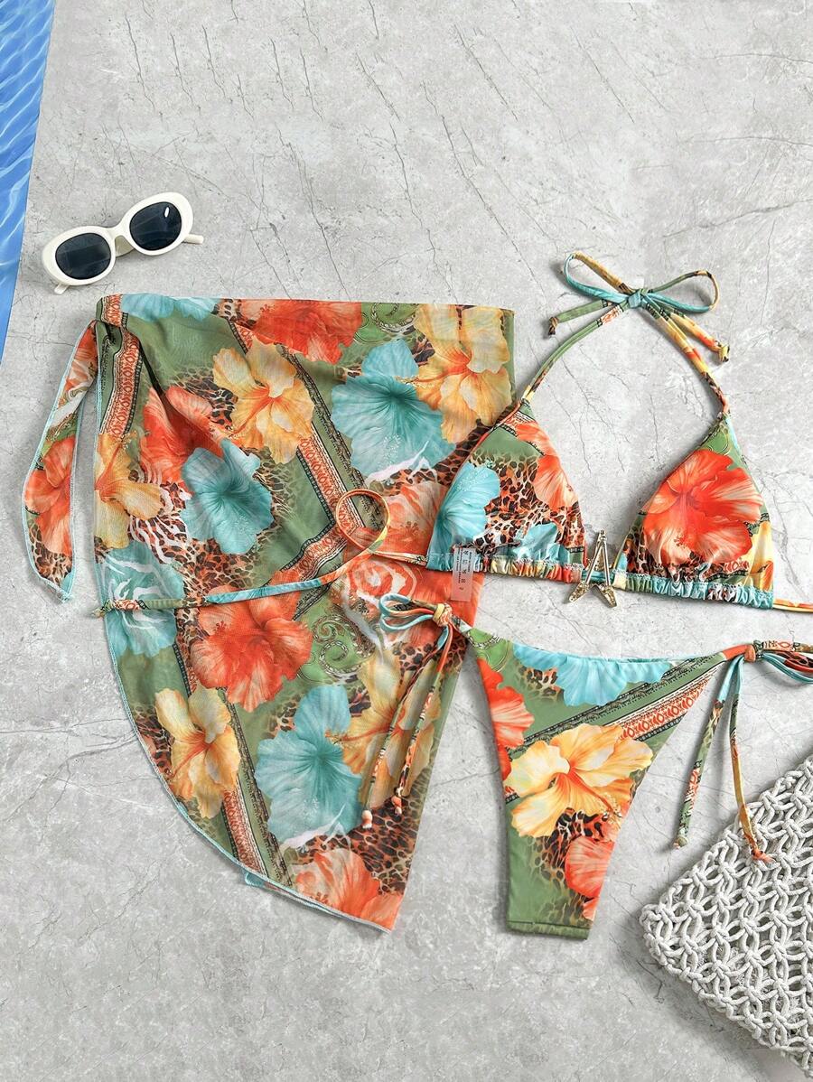 Women's 3-Piece Halter Bikini Set - Beach Dress, Tie-Up, Skirt Bottom, Blue