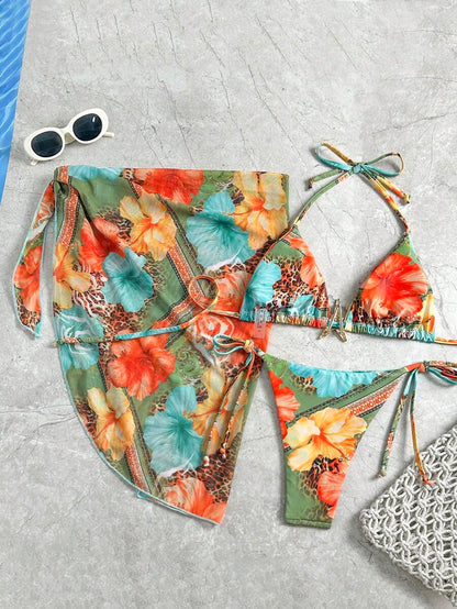 Women's 3-Piece Halter Bikini Set - Beach Dress, Tie-Up, Skirt Bottom, Blue