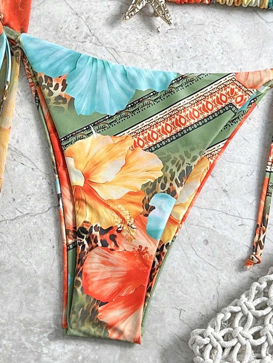 Women's 3-Piece Halter Bikini Set - Beach Dress, Tie-Up, Skirt Bottom, Blue