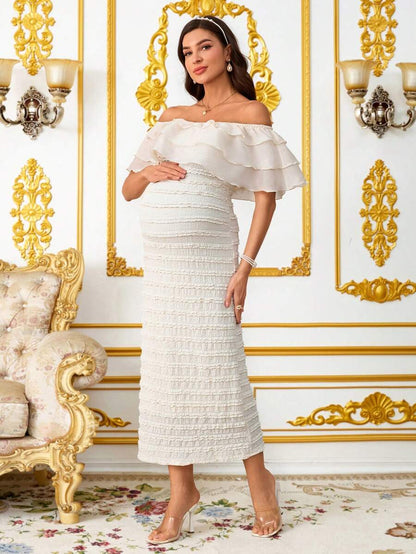 Elegant Maternity Off-Shoulder Ruffle Hem Dress  Elegant Dresses For Women