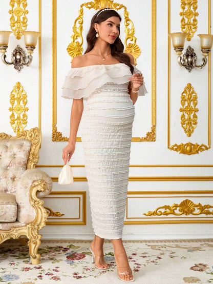 Elegant Maternity Off-Shoulder Ruffle Hem Dress  Elegant Dresses For Women