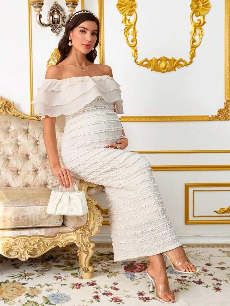 Elegant Maternity Off-Shoulder Ruffle Hem Summer Dress Elegant Dresses For Women Summer
