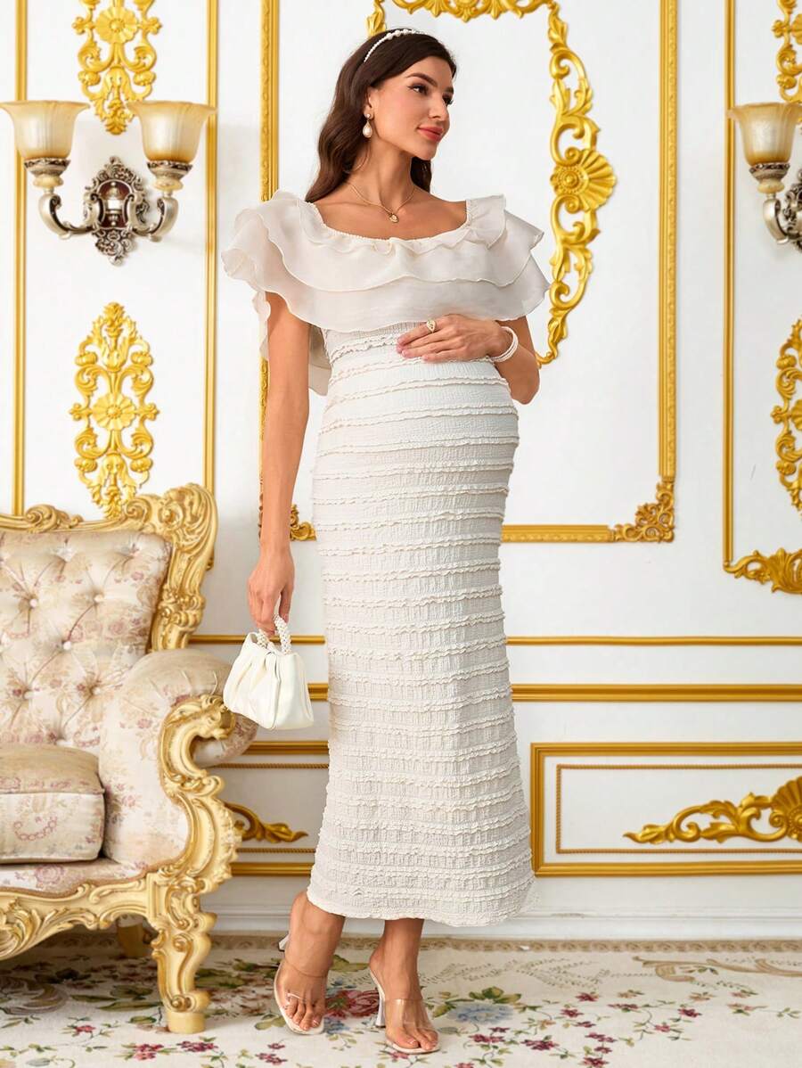 Elegant Maternity Off-Shoulder Ruffle Hem Summer Dress Elegant Dresses For Women Summer