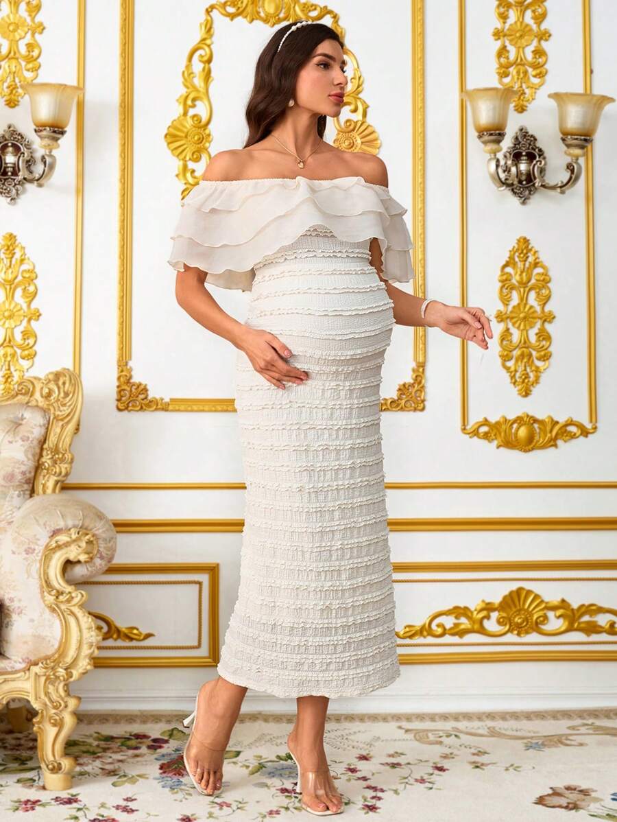 Elegant Maternity Off-Shoulder Ruffle Hem Dress  Elegant Dresses For Women