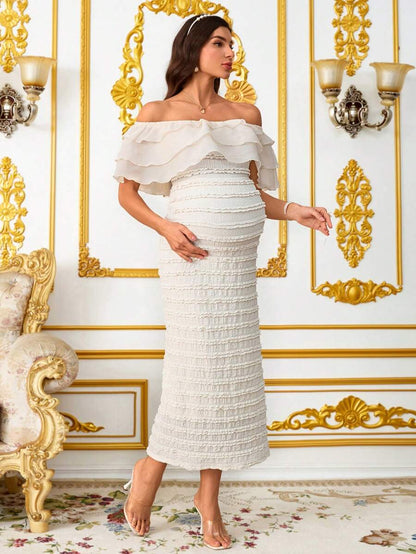 Elegant Maternity Off-Shoulder Ruffle Hem Dress  Elegant Dresses For Women