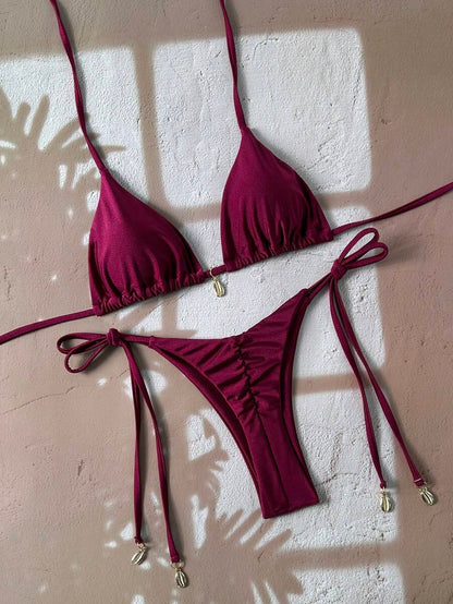 Swim Chiccia Women Spring Break Summer Beach Solid Color Halter Tie Sexy Bikini Swimsuit Set