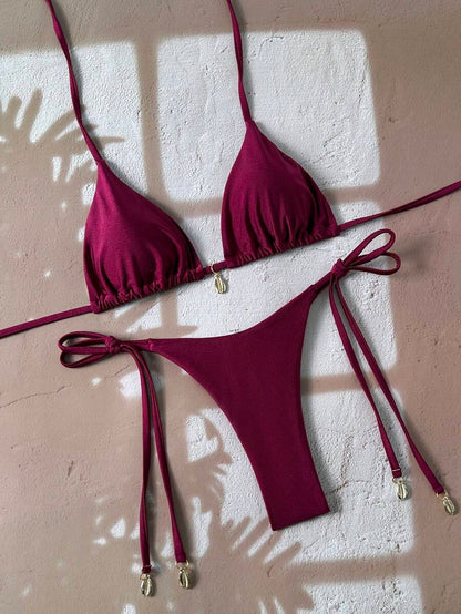 Swim Chiccia Women Spring Break Summer Beach Solid Color Halter Tie Sexy Bikini Swimsuit Set