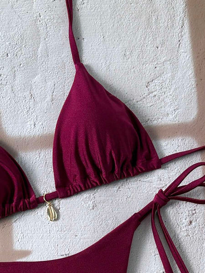 Swim Chiccia Women Spring Break Summer Beach Solid Color Halter Tie Sexy Bikini Swimsuit Set