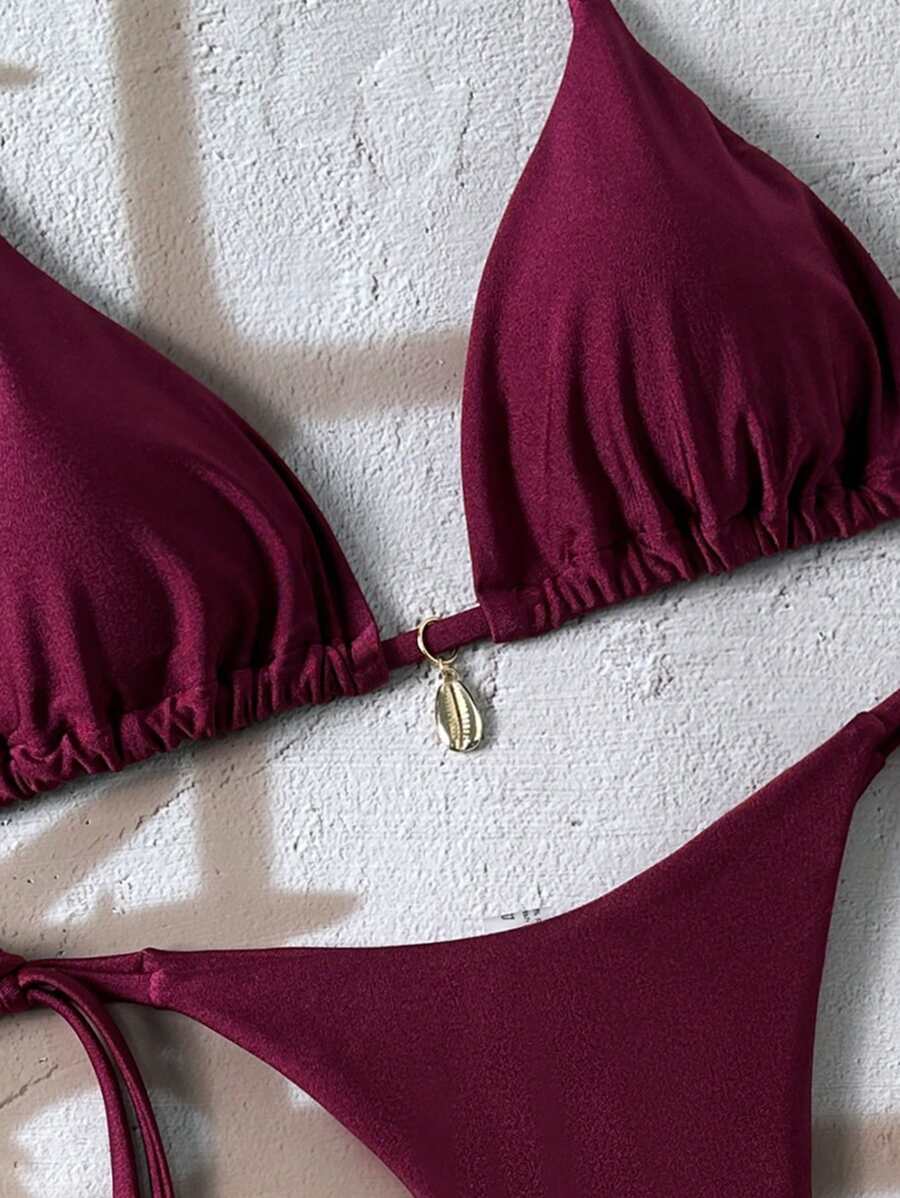 Swim Chiccia Women Spring Break Summer Beach Solid Color Halter Tie Sexy Bikini Swimsuit Set