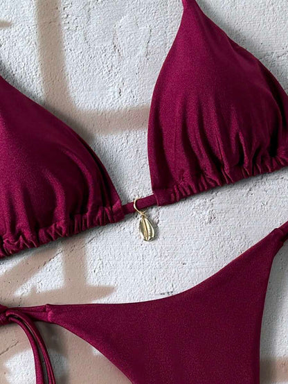 Swim Chiccia Women Spring Break Summer Beach Solid Color Halter Tie Sexy Bikini Swimsuit Set