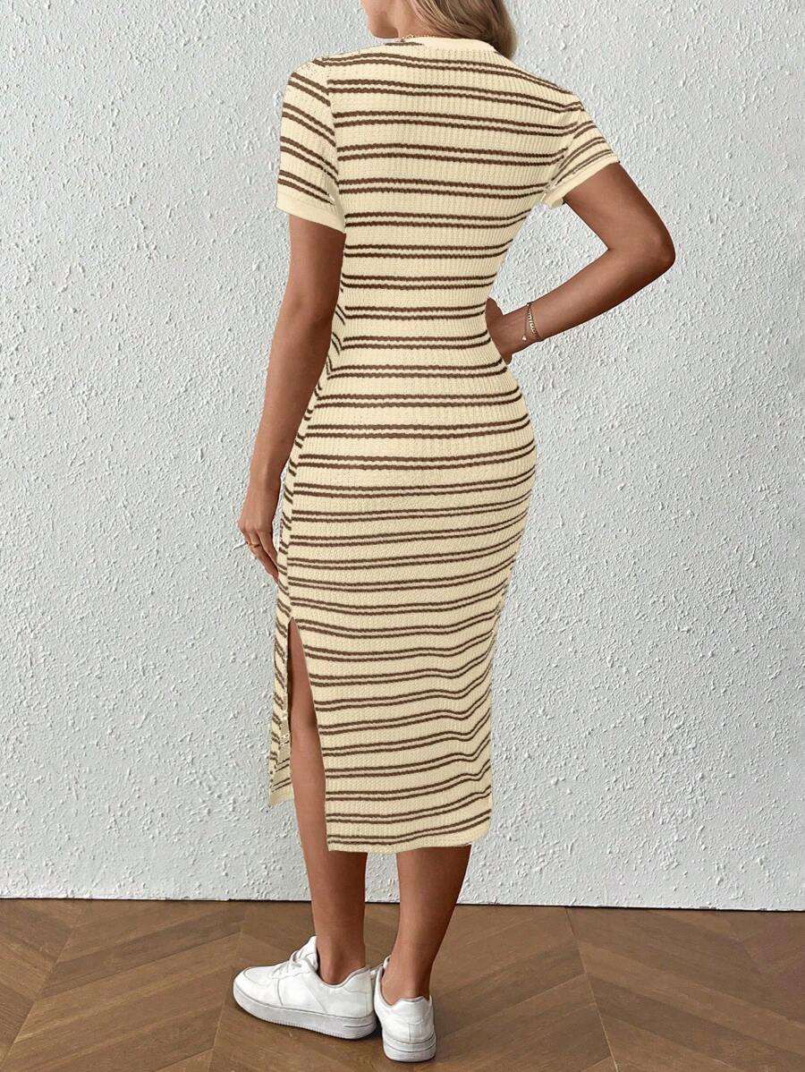 Elegant Blue V-Neck Wrap Bodycon Dress - High Stretch Knitted Long Sleeve Knee-Length Pencil Dress for Sophisticated Daily Wear
