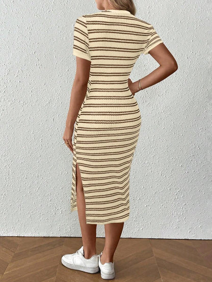 Elegant Blue V-Neck Wrap Bodycon Dress - High Stretch Knitted Long Sleeve Knee-Length Pencil Dress for Sophisticated Daily Wear