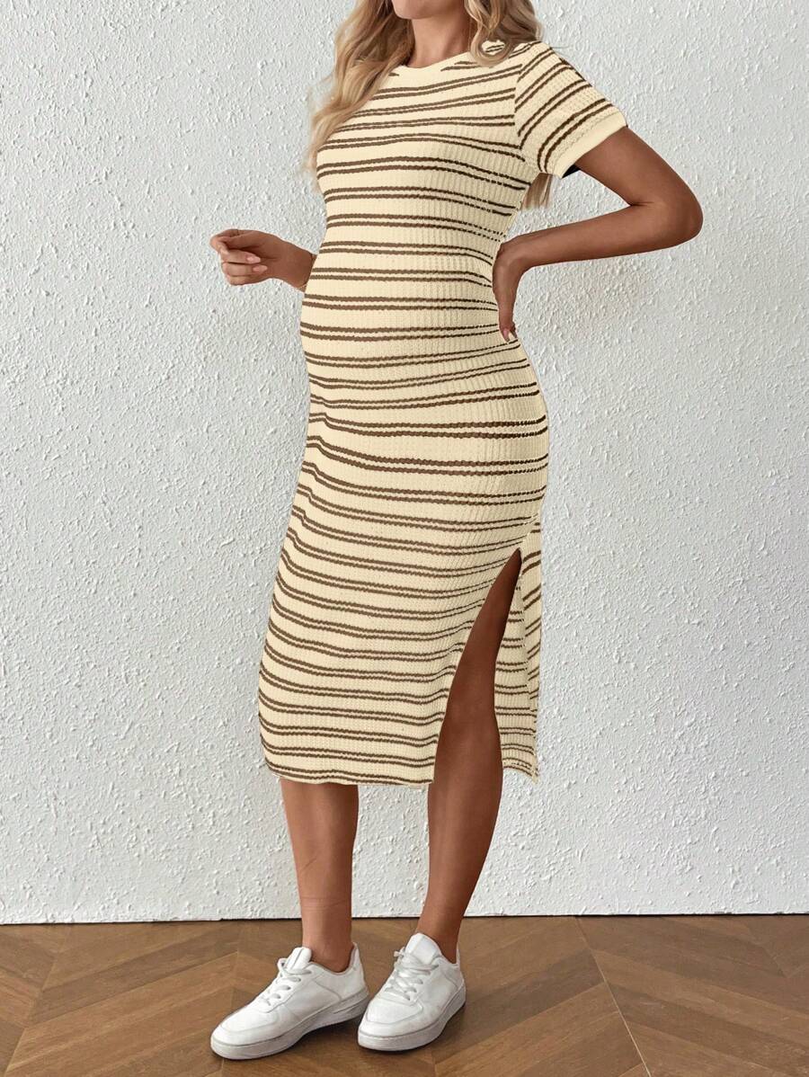 Elegant Blue V-Neck Wrap Bodycon Dress - High Stretch Knitted Long Sleeve Knee-Length Pencil Dress for Sophisticated Daily Wear