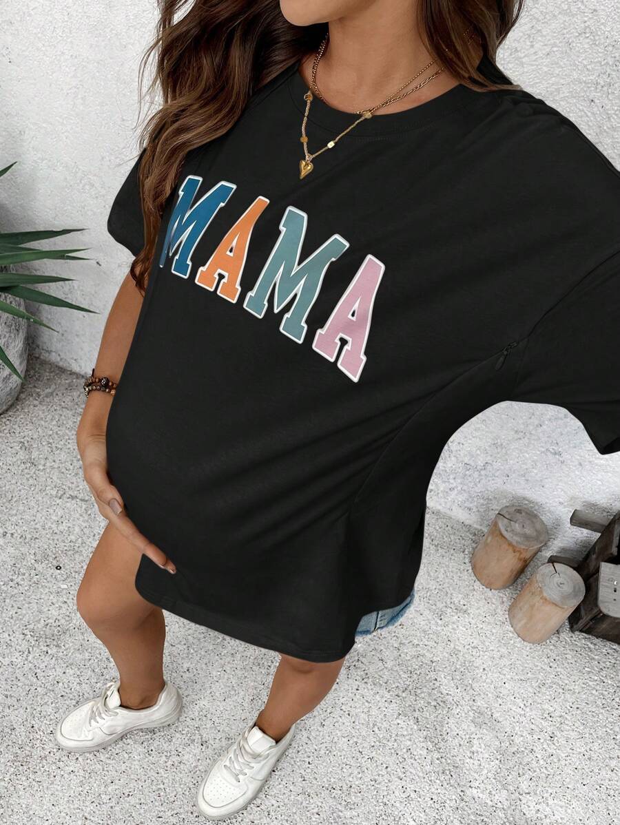 Mama Letter Print Maternity Nursing T-Shirt Loose Fit Short Sleeve Cotton Nursing Top in Apricot for Mother's Day and Spring