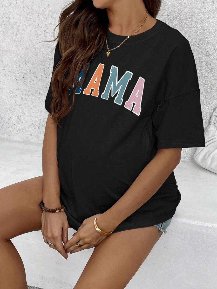 Mama Letter Print Maternity Nursing T-Shirt Loose Fit Short Sleeve Cotton Nursing Top in Apricot for Mother's Day and Spring