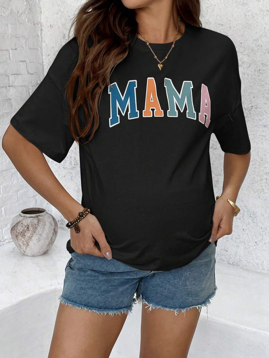 Mama Letter Print Maternity Nursing T-Shirt Loose Fit Short Sleeve Cotton Nursing Top in Apricot for Mother's Day and Spring