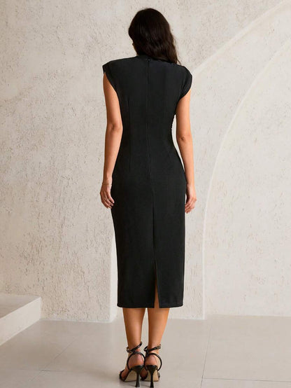 Maternity Ruched Midi Dress - Asymmetrical Hem, High Waist, Cap Sleeve, Black