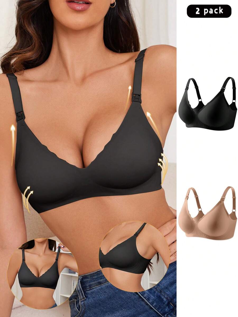 Maternity Nursing Bra 2 Pack - Seamless Solid Color Wireless Breastfeeding, Pregnancy Postpartum