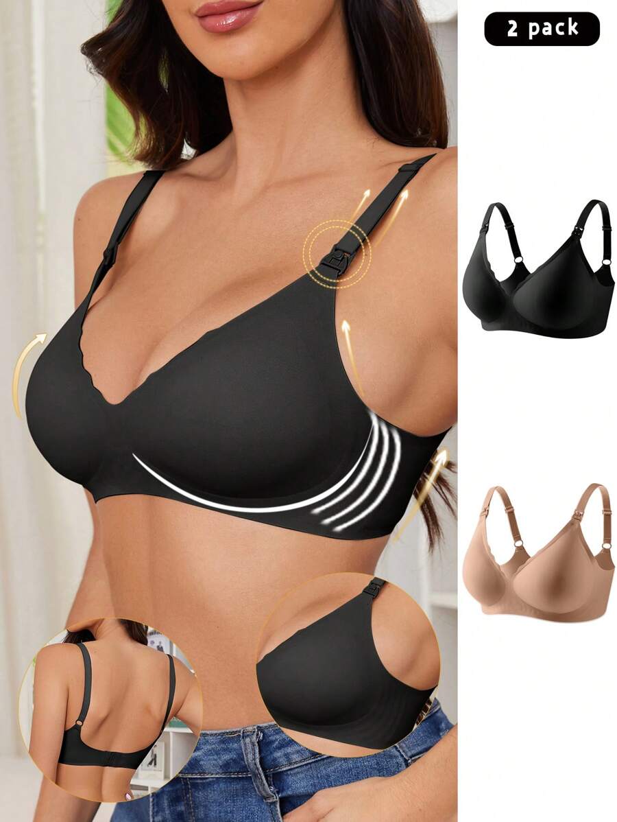 Maternity Nursing Bra 2 Pack - Seamless Solid Color Wireless Breastfeeding, Pregnancy Postpartum