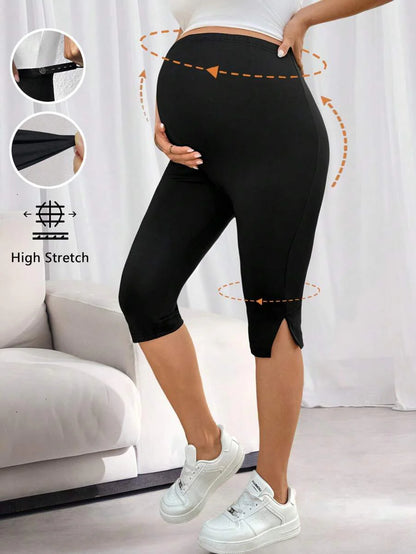 Maternity Adjustable Waist Side Slit Casual 3/4 Length Leggings For Women