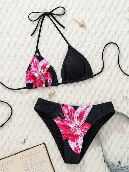 Swim Mod Women's Pink Polka Dot Print Halter Neck Low Waist Triangle Bikini Set, Summer Sexy Spring