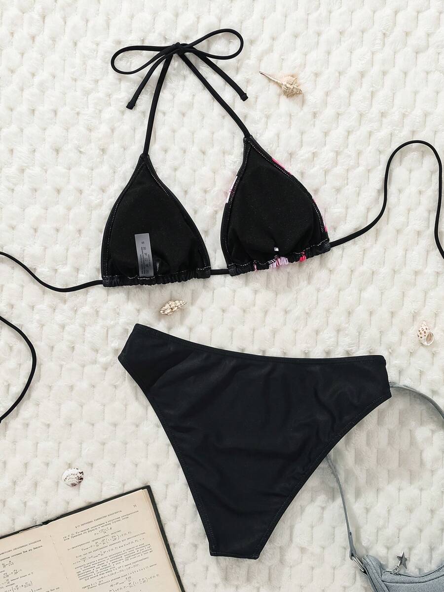 Swim Mod Women's Pink Polka Dot Print Halter Neck Low Waist Triangle Bikini Set, Summer Sexy Spring