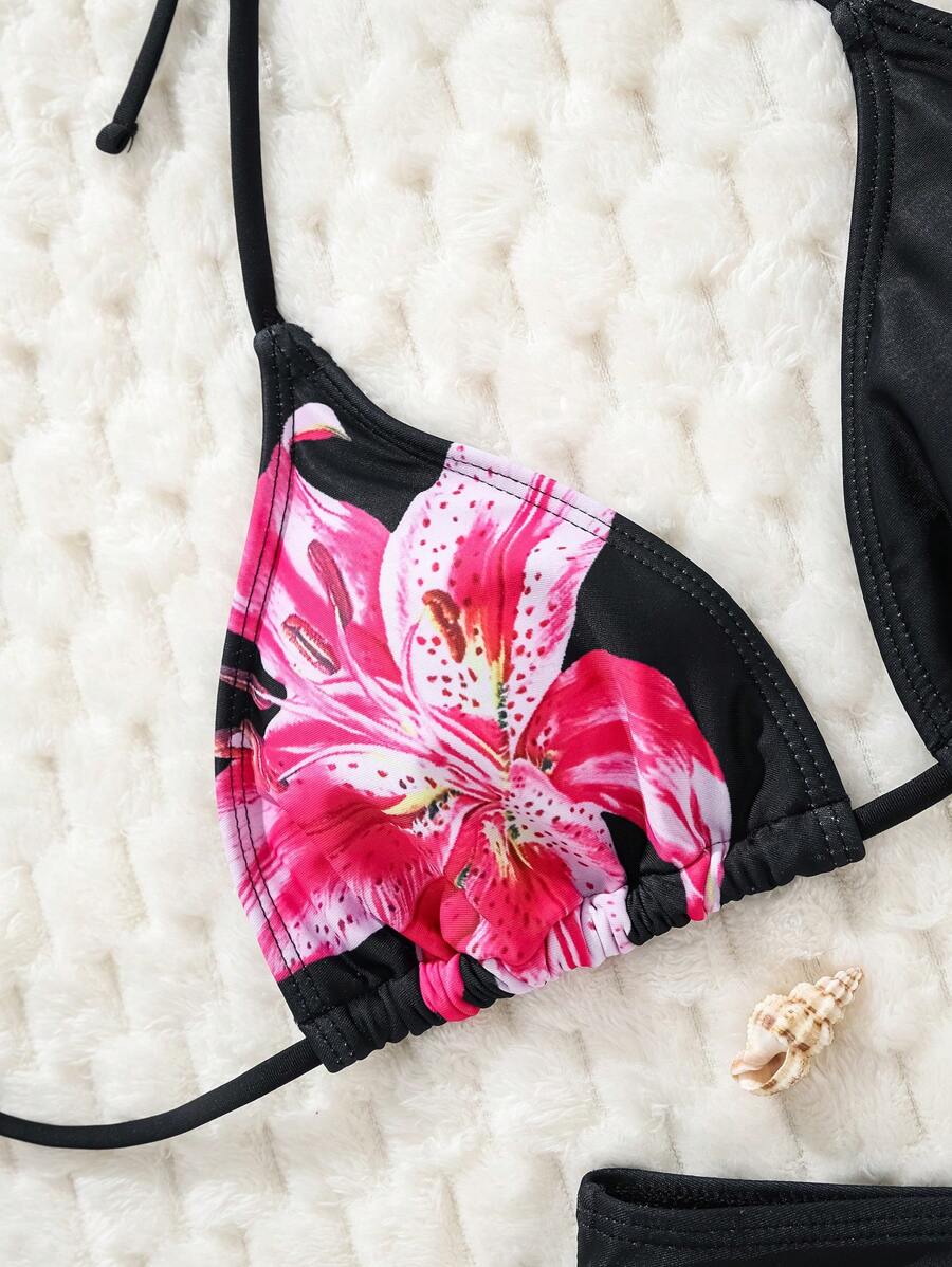 Swim Vcay Women's Summer New Contrast Color Striped Sexy Halter Triangle Cup Bikini Set