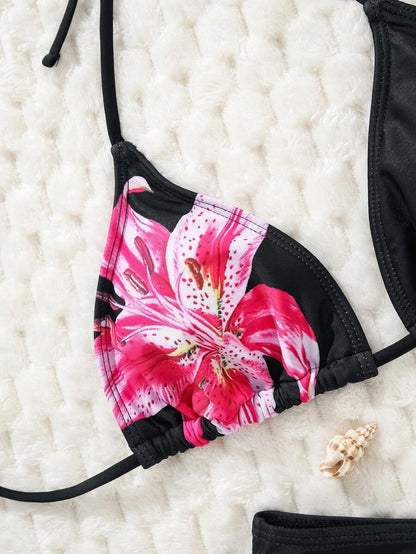 Swim Mod Women's Pink Polka Dot Print Halter Neck Low Waist Triangle Bikini Set, Summer Sexy Spring