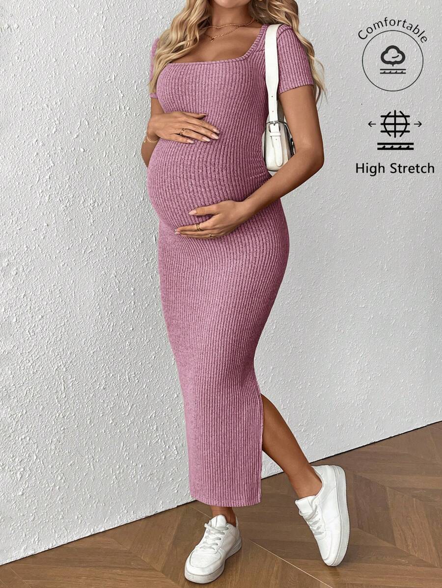 Maternity Square Neck Short Sleeve Midi Bodycon Dress with Side Slit - Sage Green Fitted Pregnancy Outfit - Soft Knit Maternity Wear
