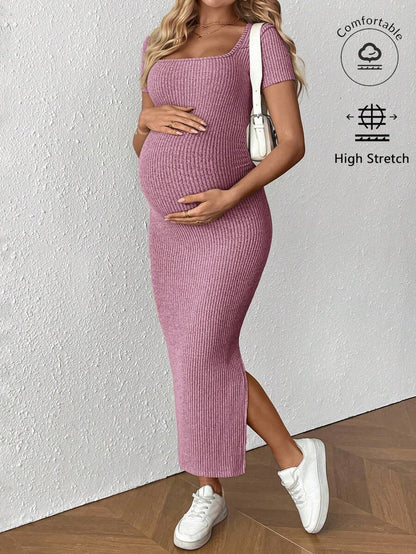 Maternity Square Neck Short Sleeve Midi Bodycon Dress with Side Slit - Sage Green Fitted Pregnancy Outfit - Soft Knit Maternity Wear