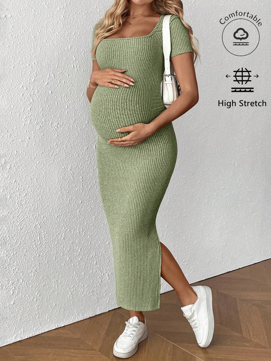 Maternity Square Neck Short Sleeve Midi Bodycon Dress with Side Slit - Sage Green Fitted Pregnancy Outfit - Soft Knit Maternity Wear