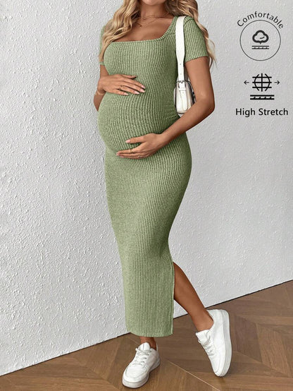 Maternity Square Neck Short Sleeve Midi Bodycon Dress with Side Slit - Sage Green Fitted Pregnancy Outfit - Soft Knit Maternity Wear