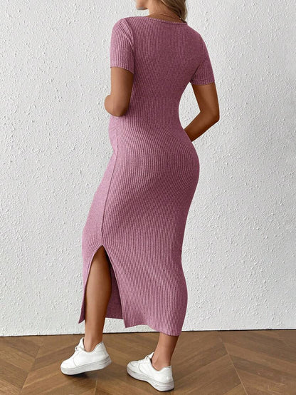 Maternity Square Neck Short Sleeve Midi Bodycon Dress with Side Slit - Sage Green Fitted Pregnancy Outfit - Soft Knit Maternity Wear