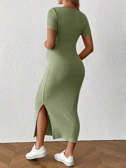 Maternity Square Neck Short Sleeve Midi Bodycon Dress with Side Slit - Sage Green Fitted Pregnancy Outfit - Soft Knit Maternity Wear