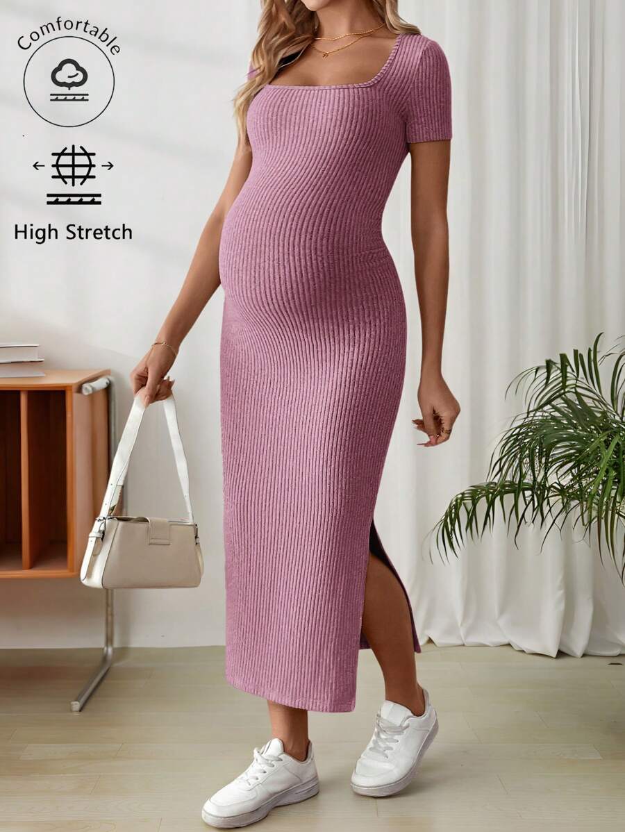 Maternity Square Neck Short Sleeve Midi Bodycon Dress with Side Slit - Sage Green Fitted Pregnancy Outfit - Soft Knit Maternity Wear
