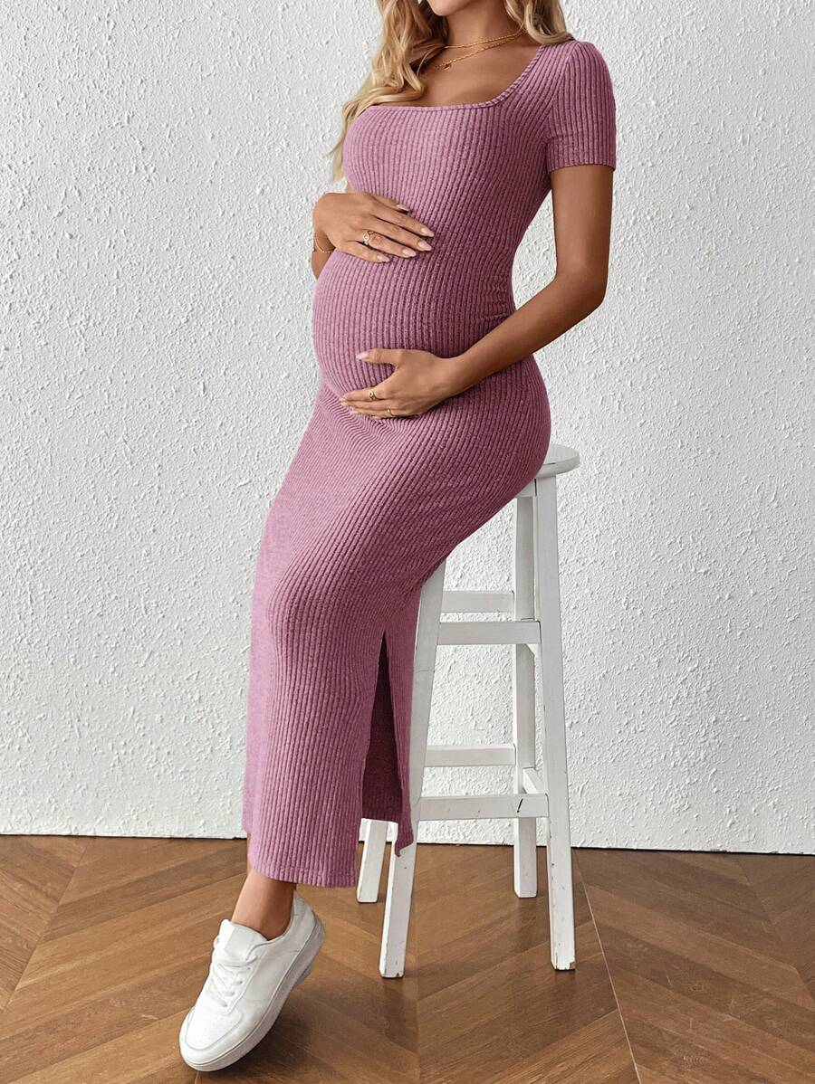 Maternity Square Neck Short Sleeve Midi Bodycon Dress with Side Slit - Sage Green Fitted Pregnancy Outfit - Soft Knit Maternity Wear