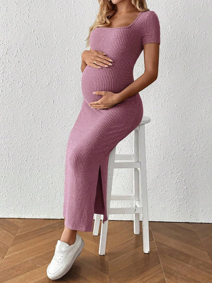 Maternity Square Neck Short Sleeve Midi Bodycon Dress with Side Slit - Sage Green Fitted Pregnancy Outfit - Soft Knit Maternity Wear
