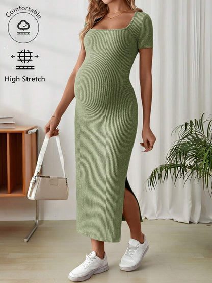 Maternity Square Neck Short Sleeve Midi Bodycon Dress with Side Slit - Sage Green Fitted Pregnancy Outfit - Soft Knit Maternity Wear