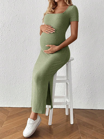 Maternity Square Neck Short Sleeve Midi Bodycon Dress with Side Slit - Sage Green Fitted Pregnancy Outfit - Soft Knit Maternity Wear