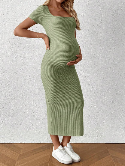Maternity Square Neck Short Sleeve Midi Bodycon Dress with Side Slit - Sage Green Fitted Pregnancy Outfit - Soft Knit Maternity Wear