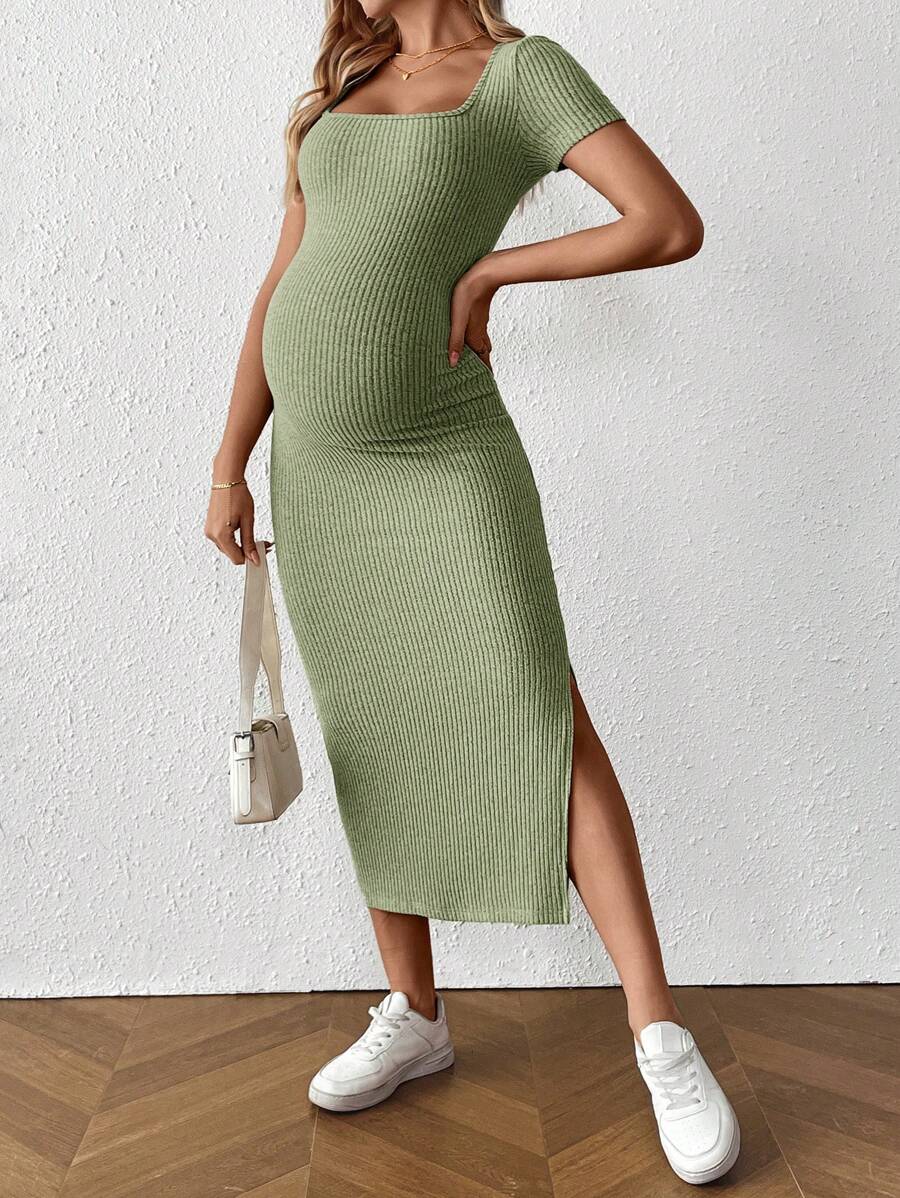 Maternity Square Neck Short Sleeve Midi Bodycon Dress with Side Slit - Sage Green Fitted Pregnancy Outfit - Soft Knit Maternity Wear