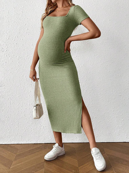 Maternity Square Neck Short Sleeve Midi Bodycon Dress with Side Slit - Sage Green Fitted Pregnancy Outfit - Soft Knit Maternity Wear