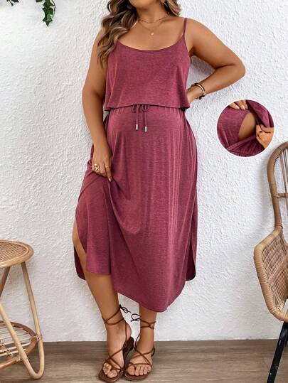 Maternity Spaghetti Strap Midi Dress - Backless, High Waist, Burgundy